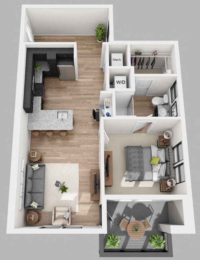 Floor plan for 1 bed, 1 bath, 836 sqft